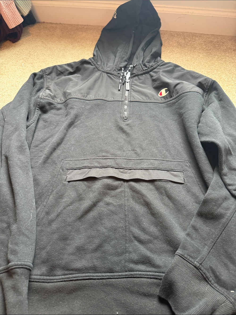 Champion Black Half-Zip Pullover Hoodie with Chest Logo